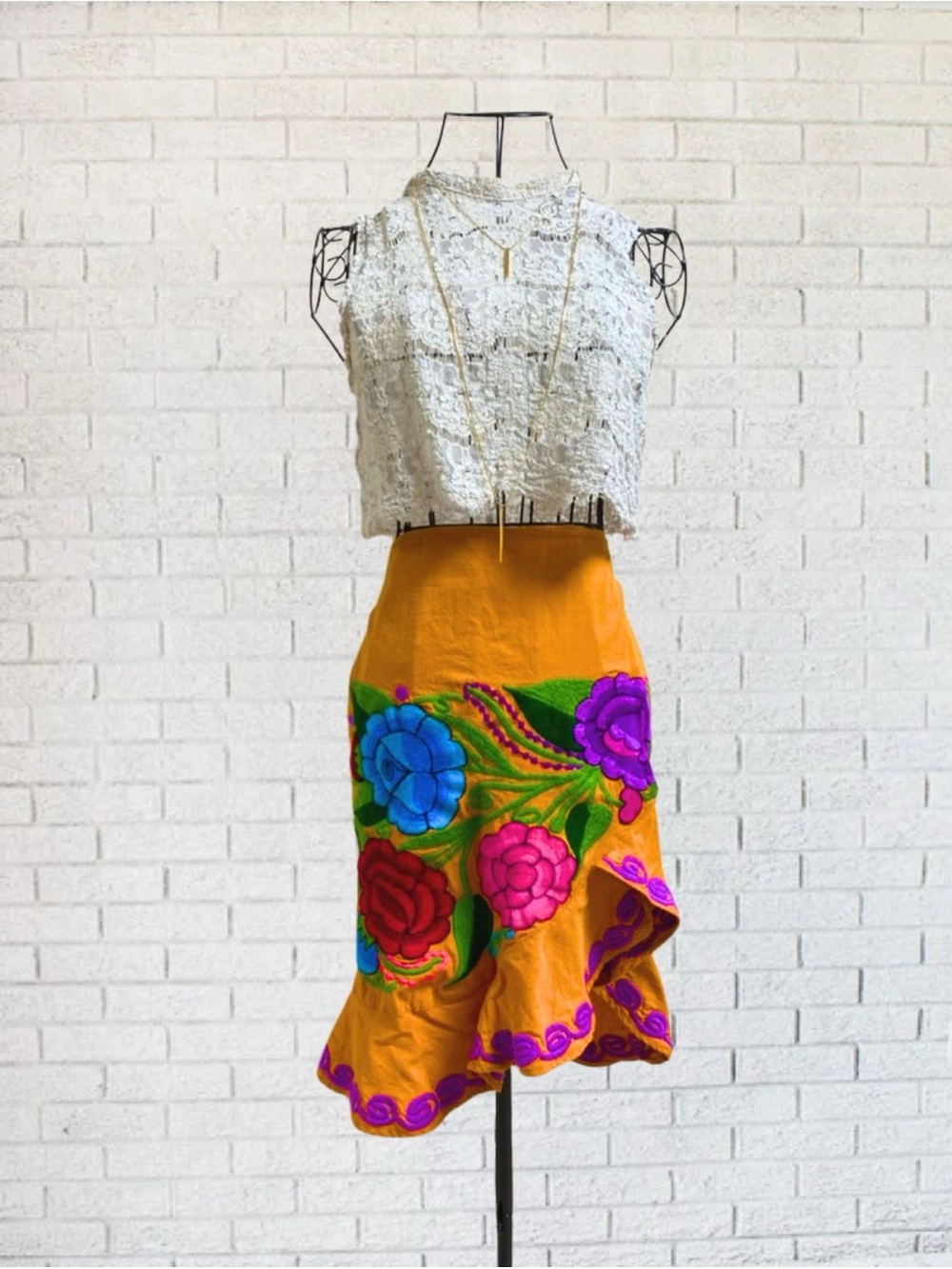 Orange Mexican Skirt Floral Embroidered Women Medium Asymmetrical Maxi Boho Chic